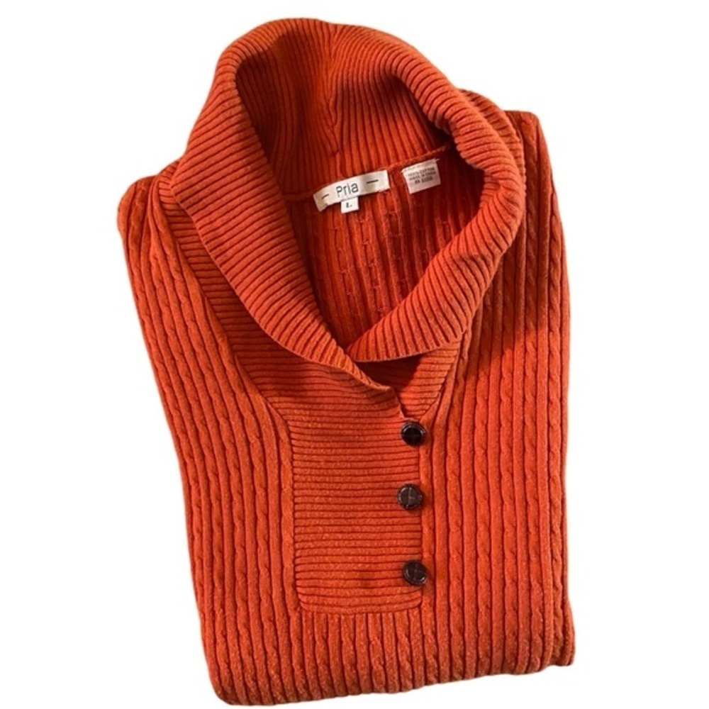 Orange Ribbed Shawl Collar Sweater Button Trim Y2K Large